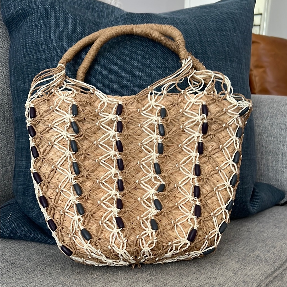 J. Crew Tan and Blue Tote Bag with Woven Design